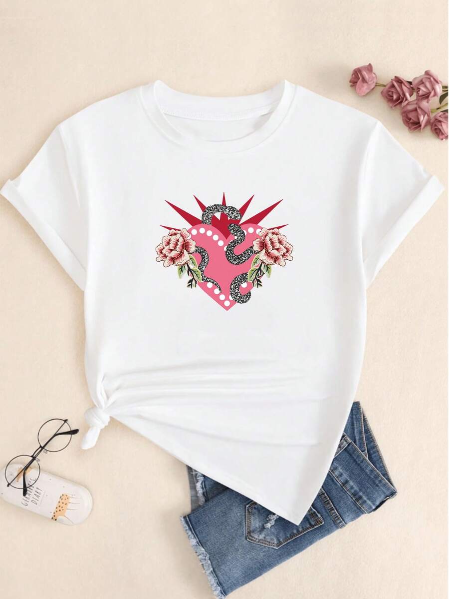 Heart Print T-Shirt With Flower And Snake Women's Premium Streetwear Blouse - 白色的 - 查看 1