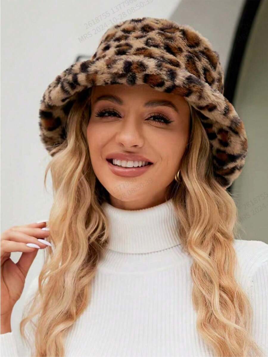 1 pieza Sombrero de cubo de felpa con estampado de leopardo para mujer, cálido y versátil para otoño/invierno, con circunferencia de cabeza ajustable y grande