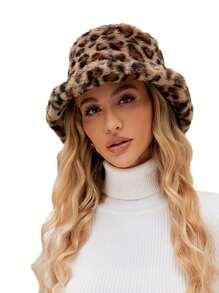 1 pieza Sombrero de cubo de felpa con estampado de leopardo para mujer, cálido y versátil para otoño/invierno, con circunferencia de cabeza ajustable y grande