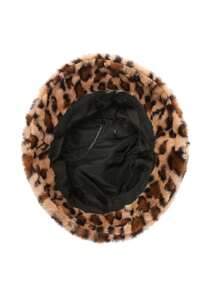 1 pieza Sombrero de cubo de felpa con estampado de leopardo para mujer, cálido y versátil para otoño/invierno, con circunferencia de cabeza ajustable y grande