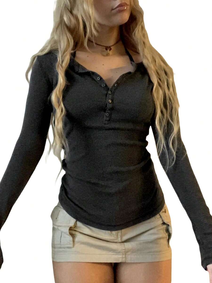 Womenacute;S Spring Autumn Slim Tops Black Long Sleeve Button Down Ribbed Skinny T-Shirt