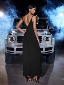 Elastic Knit Elegant Detachable 3D Flower V-Neck Backless Cami Loose Jumpsuit With Pockets, For Party - Black - View 3