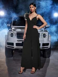 Elastic Knit Elegant Detachable 3D Flower V-Neck Backless Cami Loose Jumpsuit With Pockets, For Party - Black - View 7