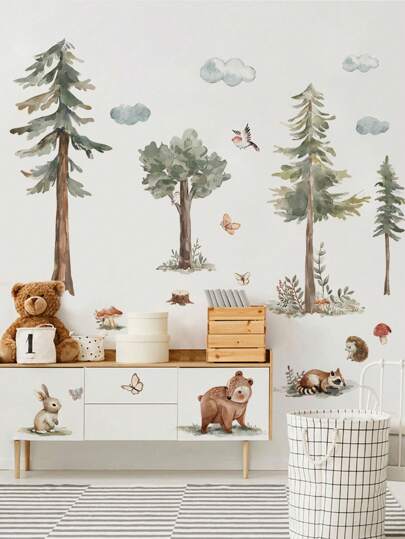 mama look 4 件 11.81 * 35.43 英寸森林动物墙贴，松树，蘑菇，兔子，泰迪熊，刺猬，卡通贴纸，自粘绘画，适用于卧室、客厅、书房、学校装饰，PVC 可移除，可爱图画，礼物，客厅装饰，家庭卧室焕新，厨房创意，浴室装饰，贴纸，墙贴花，乙烯基贴花用于家庭装饰，春季装饰品刷新您的家，Rama 装饰贴纸礼物生日毕业