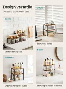 SONGMICS Scaffale Portaspezie, Set di 2 Organizzatori da Cucina Espandibili, Scaffale da Cucina Impilabile, Metallo e Legno Ingegnerizzato, Nero Inchiostro e Greige Erica/Nero Inchiostro e Marrone Vintage - Castano - Visualizzare 4