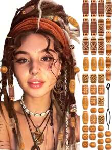 CECILLIA WIG 46PCS Wood Hair Beads For Braids Loc Jewelry Beads For Hair Wooden Beads Dreadlock Accessories Multi Shape Loc Beads Hair Decoration For Women And Men, Style-3 Hair Clips, School Stuff