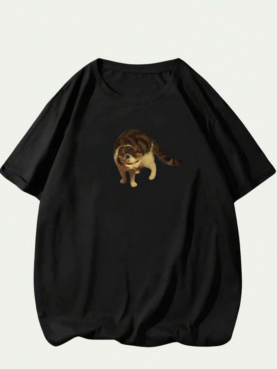 Printed T-Shirt Meme Kitten Thinking Blouse Men's Fashion Premium Comfort Unisex Casual - 黑色 - 查看 1