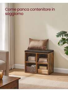 VASAGLE Panca Scarpiera, Scarpiera Ingresso con Seduta Imbottita e 4 Scomparti, Scaffale Porta Scarpe da Ingresso, 30,5 x 59,6 x 48 cm, Marrone Vintage e Marrone - Castano - Visualizzare 5