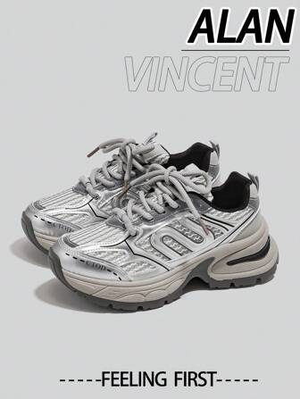 Alan Vincent [City Sneaker Series]Silver Sneakers Shoes Women 2025 New Thick-Soled Sports Shoes For Women Comfortable And Fashionable Running Shoes Height Increasing Casual Sneakers Women Outdoor  Shoes Ladies Shoes Breathable Mesh