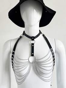 出口至欧洲和美国的女性哥特式皮革朋克装束短款上衣、多层金属链流苏腰带 - 黑色 - 查看 8