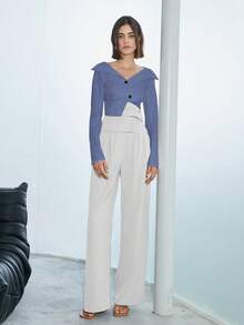 女士纯色合身纽扣式 V 领衬衫 - 水藍色 - 查看 4