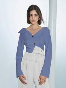 女士纯色合身纽扣式 V 领衬衫 - 水藍色 - 查看 2