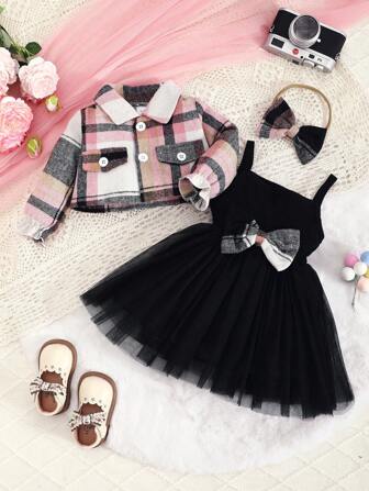 女婴格子翻领短夹克和罗纹网眼蝴蝶结套衫连衣裙套装（带头带），适合秋冬季