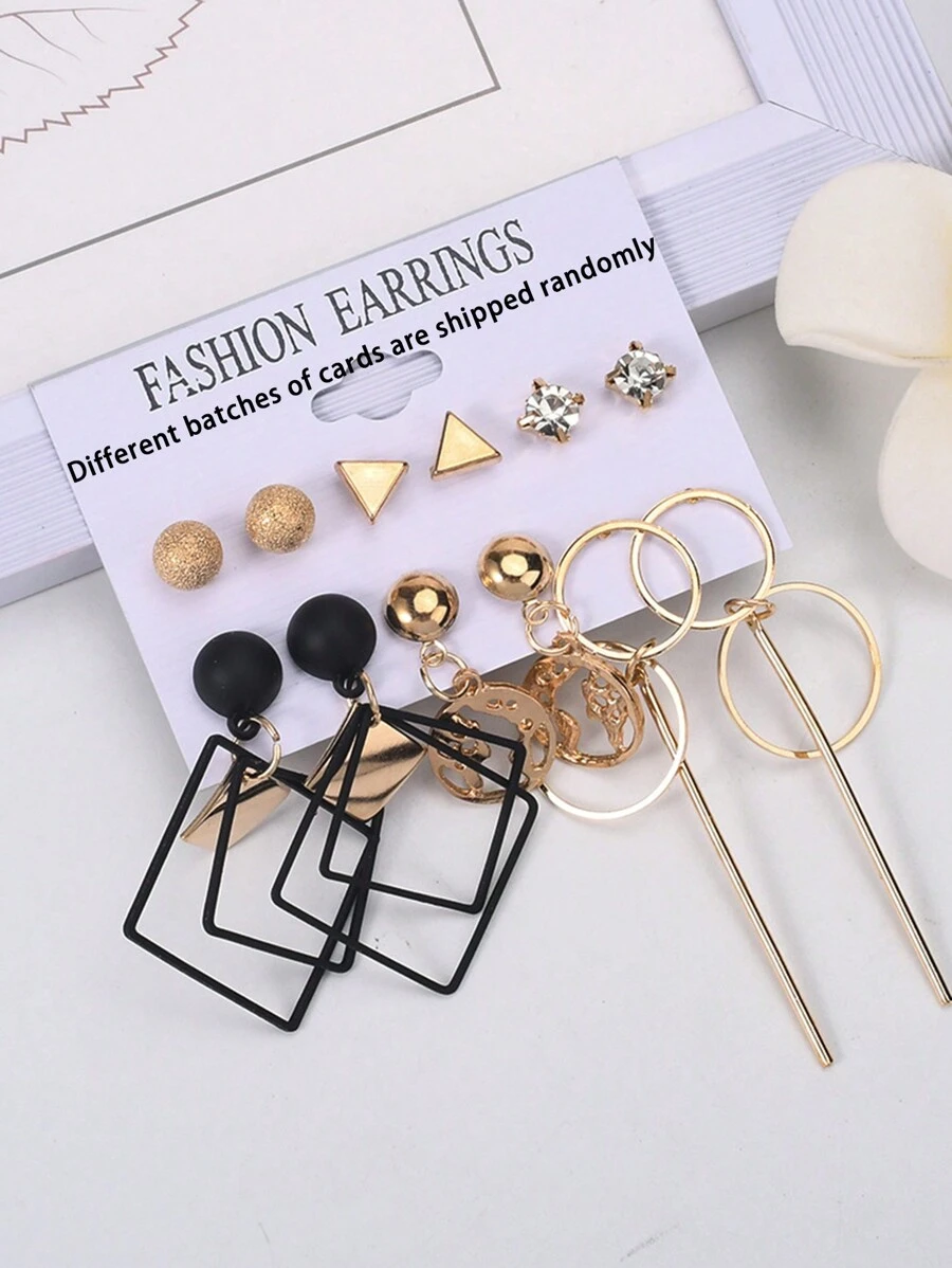 6 Pairs Assorted Vintage Chic Metal Earrings With Rhinestone Triangle, Diamond & Hoop Designs, Creative Geometric Earrings For Women, Party/Gift - Gold - View 1