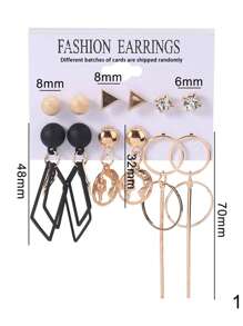 6 Pairs Assorted Vintage Chic Metal Earrings With Rhinestone Triangle, Diamond & Hoop Designs, Creative Geometric Earrings For Women, Party/Gift - Gold - View 2