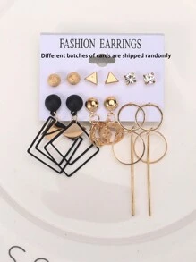 6 Pairs Assorted Vintage Chic Metal Earrings With Rhinestone Triangle, Diamond & Hoop Designs, Creative Geometric Earrings For Women, Party/Gift - Gold - View 3