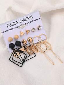 6 Pairs Assorted Vintage Chic Metal Earrings With Rhinestone Triangle, Diamond & Hoop Designs, Creative Geometric Earrings For Women, Party/Gift - Gold - View 5