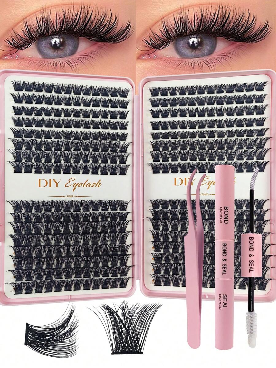 Bộ 384 cuốn sách nối mi DIY 9-15mm, mi cong D hỗn hợp, mi dày, xoăn, mi riêng lẻ, mi nối thủ công mềm mại tự nhiên, kèm keo dán và nhíp để trang điểm hàng ngày. - màu đen - Xem 1