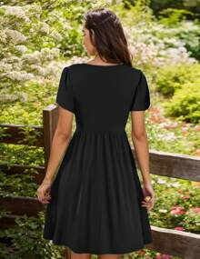 Women Casual Sleeveless Loose Button Down Midi Dress With Pockets - Black - View 2