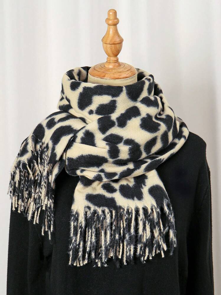 1 st leopardmönstrad kashmirhalsduk för kvinnor, ny design med tofsar för höst-/vinterhalsdukar, varm sjal lämplig för utomhusaktiviteter och vardagsbruk, minimalistisk design - 05-Svart mönster på risbotten - Visa 3