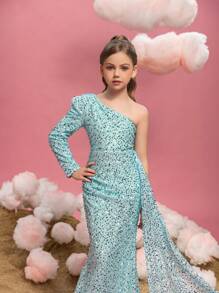 Tween Girl Sequin Embellished One Shoulder Long Sleeve Side Draped Party Dress