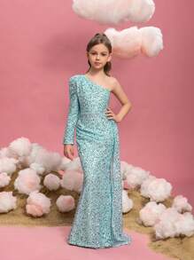 Tween Girl Sequin Embellished One Shoulder Long Sleeve Side Draped Party Dress