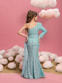 Tween Girl Sequin Embellished One Shoulder Long Sleeve Side Draped Party Dress