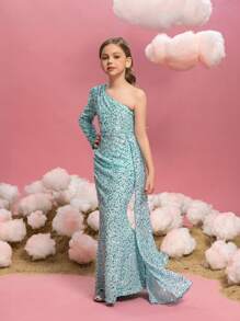Tween Girl Sequin Embellished One Shoulder Long Sleeve Side Draped Party Dress