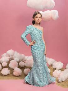 Tween Girl Sequin Embellished One Shoulder Long Sleeve Side Draped Party Dress