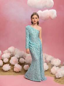 Tween Girl Sequin Embellished One Shoulder Long Sleeve Side Draped Party Dress