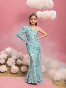 Tween Girl Sequin Embellished One Shoulder Long Sleeve Side Draped Party Dress