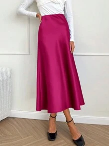Women's Satin Silk High Waist Flare A-Line Midi Skirt Solid Color Spring Summer Fall Autumn Skirt Cocktail Valentine Day Wedding Elegant Valentine Midi Skirt - 玫紅色 - 查看 3