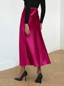 Women's Satin Silk High Waist Flare A-Line Midi Skirt Solid Color Spring Summer Fall Autumn Skirt Cocktail Valentine Day Wedding Elegant Valentine Midi Skirt - 玫紅色 - 查看 2