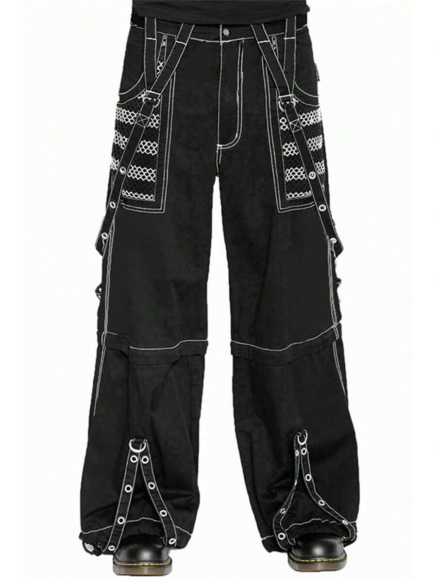 Women Cargo Jeans, Striped Zipper Button Closure Loose Casual Trousers Streetwear With Pockets - 白色 - 查看 1