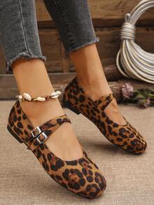 女士玛丽珍豹纹天鹅绒浅扣带平底乐福鞋，舒适休闲芭蕾风格方头妈妈鞋，适合秋季 - 彩色 - 查看 6