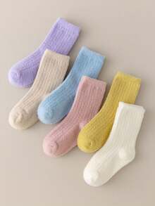 随机4双儿童袜子，纯色儿童中筒袜秋冬柔软保暖简约休闲袜子。 - 彩色 - 查看 2