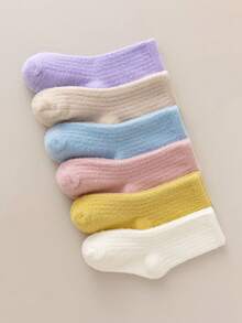 随机4双儿童袜子，纯色儿童中筒袜秋冬柔软保暖简约休闲袜子。 - 彩色 - 查看 1