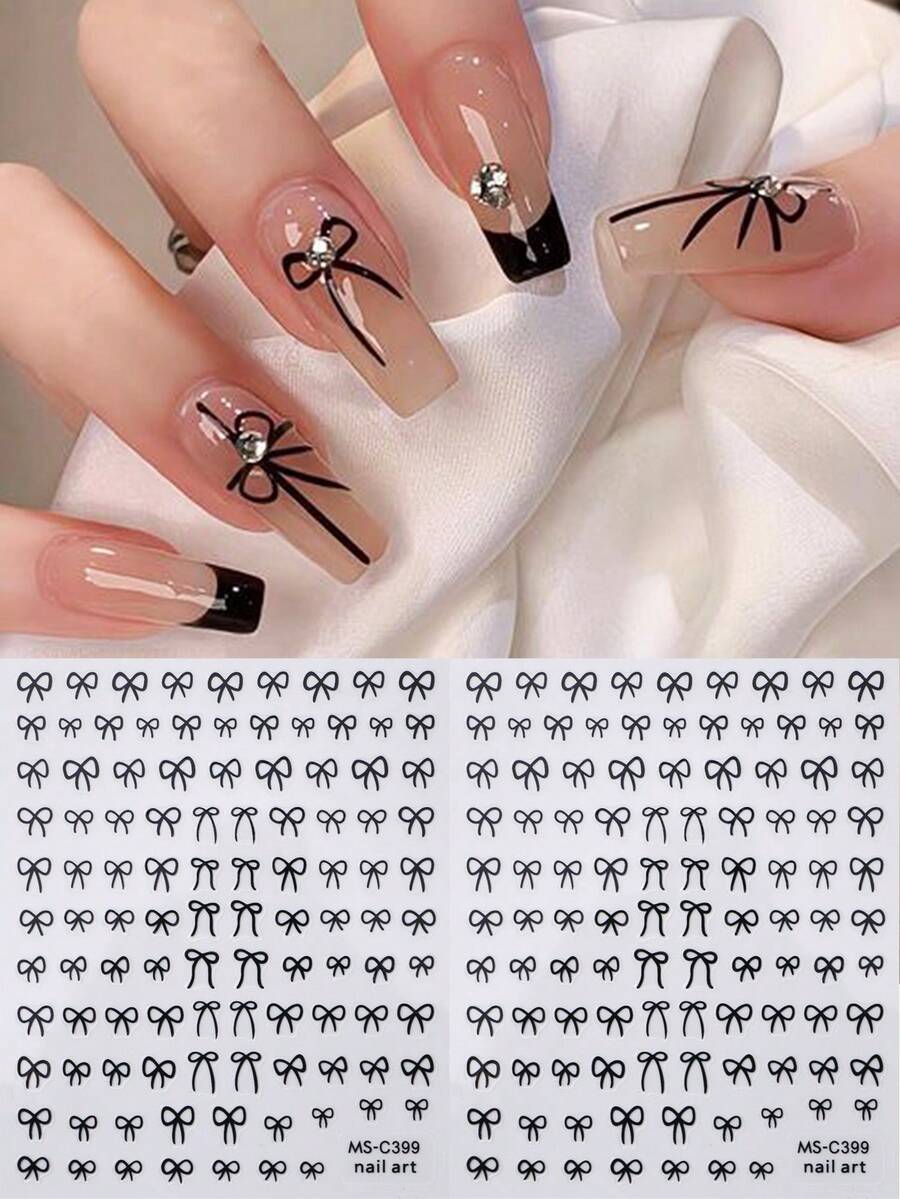 2 件设计师美甲贴纸法式指甲贴花黑白蝴蝶结图案 3D 粘性蝴蝶结铝箔流行蝴蝶结美甲装饰女士美甲配件 - 黑色 - 查看 1