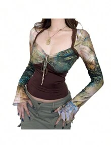 Women's Y2K Long Sleeve Crop Tops Sweetheart Neck Vintage Abstract Print Ruched Drawstring Show Navel T-Shirts - Brown - View 1