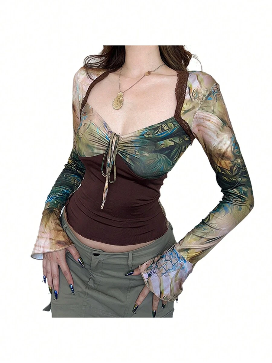 Women's Y2K Long Sleeve Crop Tops Sweetheart Neck Vintage Abstract Print Ruched Drawstring Show Navel T-Shirts - Brown - View 1