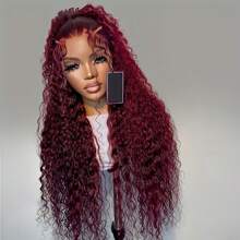 99j Burgundy Lace Front Wigs Human Hair 28 Inch Deep Curly Lace Front Wigs Human Hair Pre Plucked Red Curly Human Hair Wig 13x4 HD Colored Frontal Glueless Wet And Wavy Curly Wig - Burgundy - View 4