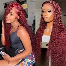 99j Burgundy Lace Front Wigs Human Hair 28 Inch Deep Curly Lace Front Wigs Human Hair Pre Plucked Red Curly Human Hair Wig 13x4 HD Colored Frontal Glueless Wet And Wavy Curly Wig - Burgundy - View 5