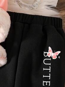 Young Girl Butterfly Pattern Printed Warm Hoodie And Sports Pants - Pink - View 5