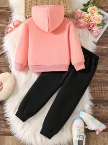 Young Girl Butterfly Pattern Printed Warm Hoodie And Sports Pants - Pink - View 2