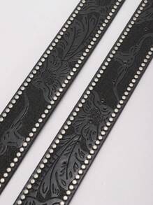 1 条时尚黑色真皮牛仔腰带/合金西部时尚男士腰带，黑色雕花图案银色柳钉装饰复古摇滚时尚合金翅膀爱心扣男士皮带适合年轻男孩聚会、跳舞、闪亮装饰、城郊旅行、日常休闲出游 - 黑色 - 查看 5