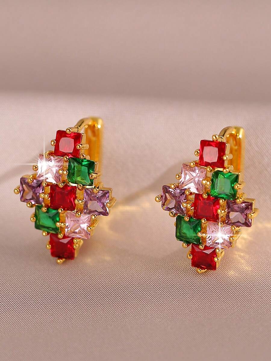 1 对华丽闪亮彩色方晶锆石镶饰优雅时尚圆形装饰耳环奢华派对珠宝女士 - 彩色的 - 查看 1