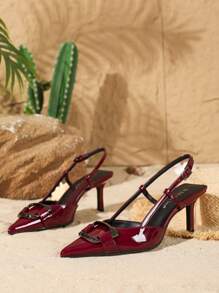 On feet& in love Women's Fashion Patent Leather Backstrap High Heel Pumps, Metal Square Buckle, Pointed Toe, Slim Stiletto Valentines