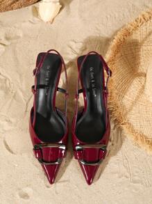 On feet& in love Women's Fashion Patent Leather Backstrap High Heel Pumps, Metal Square Buckle, Pointed Toe, Slim Stiletto Valentines