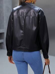 Womens Faux Leather Zip Up Moto Biker Jacket With Pocket Details - 黑色 - 查看 6