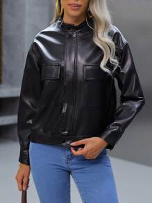 Womens Faux Leather Zip Up Moto Biker Jacket With Pocket Details - 黑色 - 查看 5